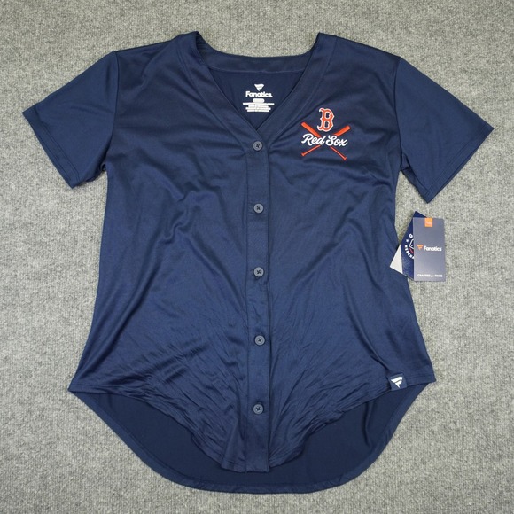 NEW Boston Red Sox V-Neck Baseball Jersey Womens Medium Navy Blue Button Shirt - Picture 2 of 9